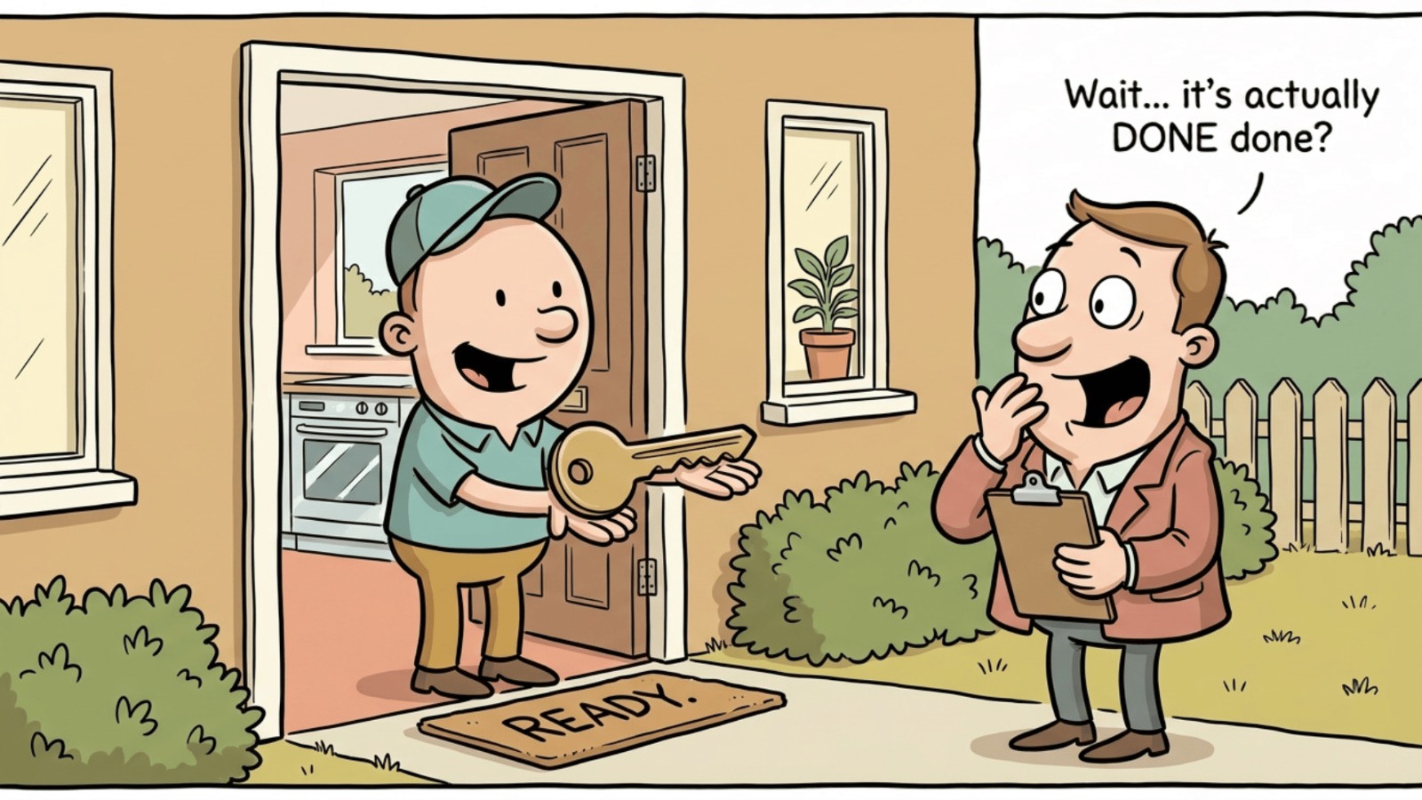 Illustration of a maintenance worker handing over house keys to a smiling property manager in front of a freshly renovated rental home